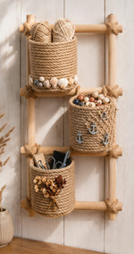 🪢 Rustic Rope Wall Organizer Shelf – Handmade Multi-Pocket Storage Décor