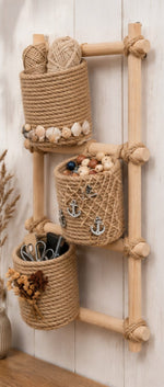 🪢 Rustic Rope Wall Organizer Shelf – Handmade Multi-Pocket Storage Décor